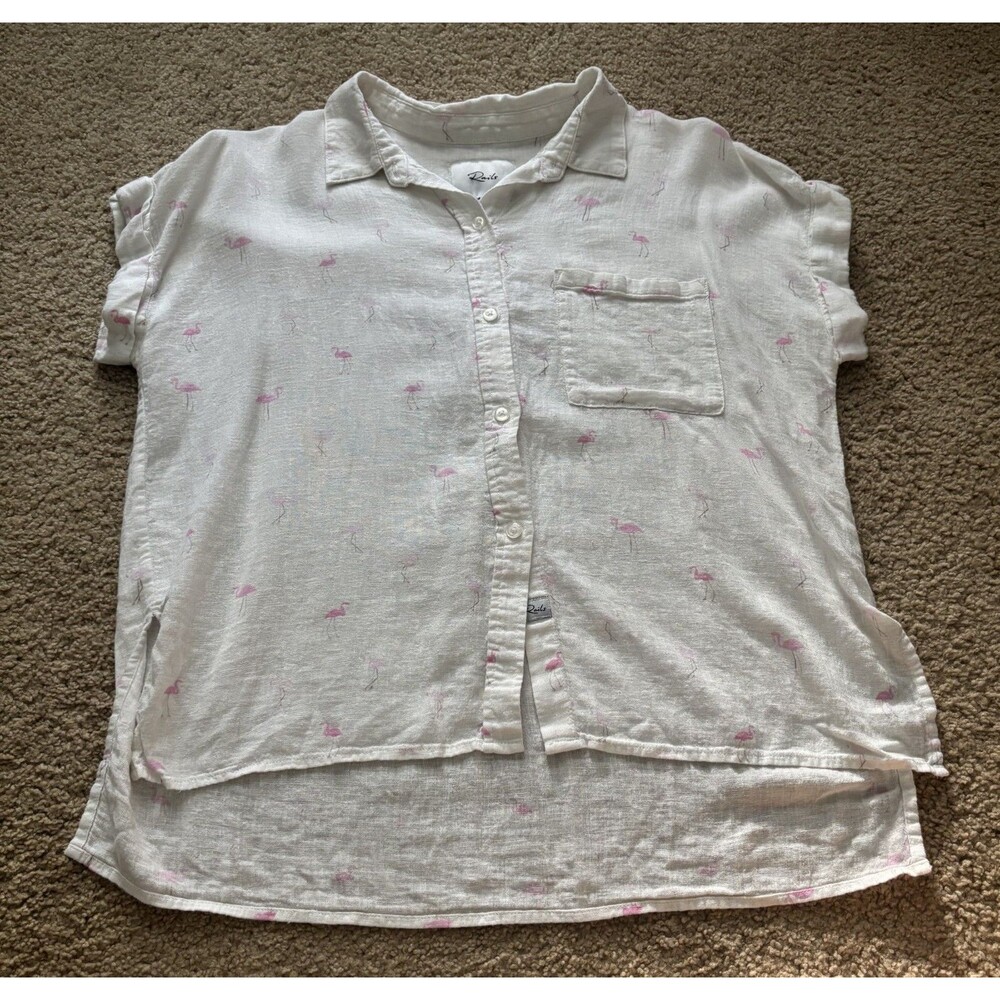 Rails Charli Flamingos Linen Blend Button Down Shirt White Pink Size Small